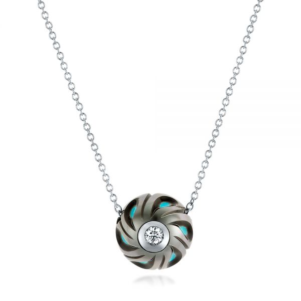 14k White Gold Carved Turquoise Tahitian Pearl And Diamond Pendant - Three-Quarter View -  102573