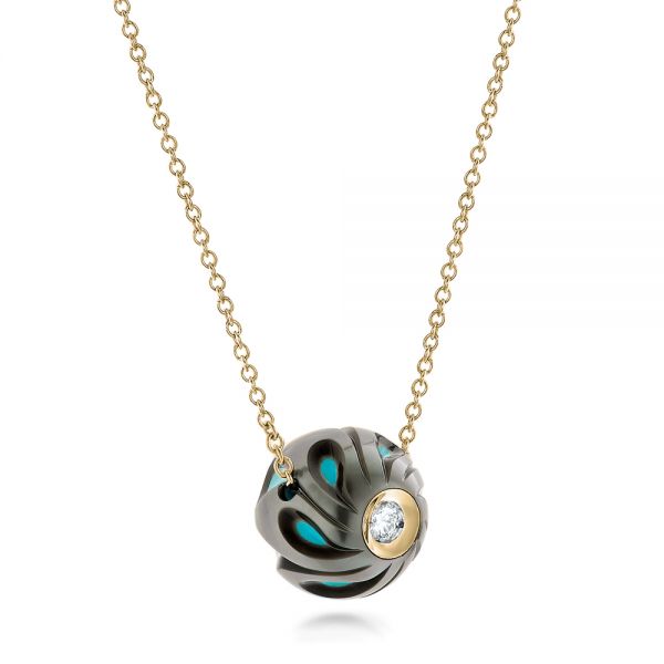 18k Yellow Gold 18k Yellow Gold Carved Turquoise Tahitian Pearl And Diamond Pendant - Flat View -  102573