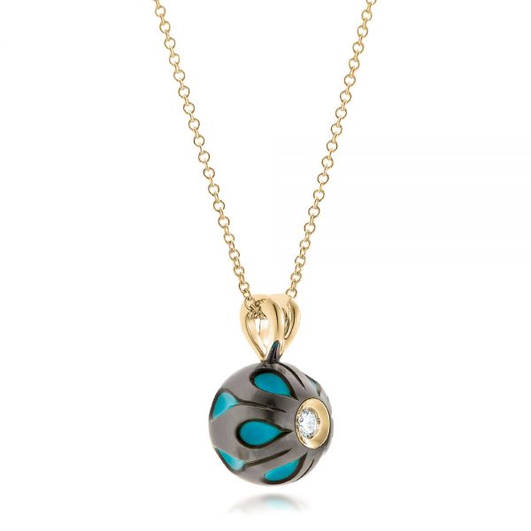 18k Yellow Gold 18k Yellow Gold Carved Turquoise Tahitian Pearl And Diamond Pendant - Flat View -  102574
