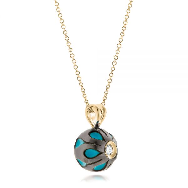 14k Yellow Gold 14k Yellow Gold Carved Turquoise Tahitian Pearl And Diamond Pendant - Flat View - 102574