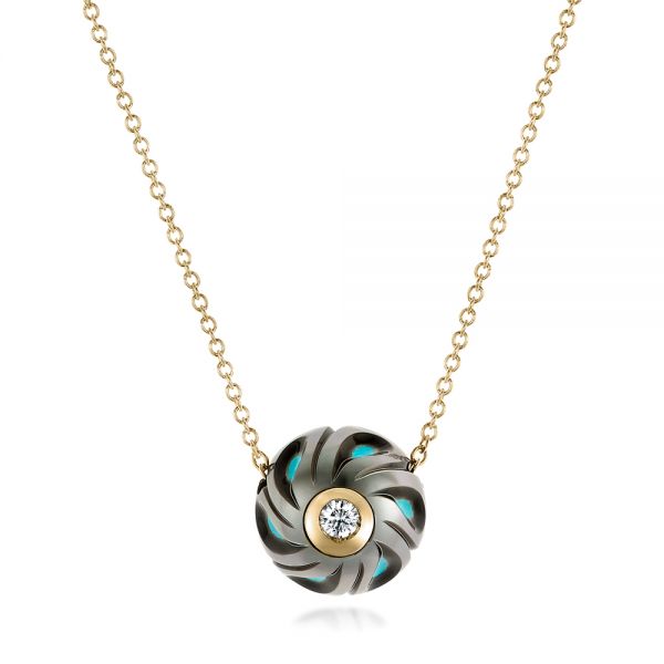 18k Yellow Gold 18k Yellow Gold Carved Turquoise Tahitian Pearl And Diamond Pendant - Three-Quarter View -  102573