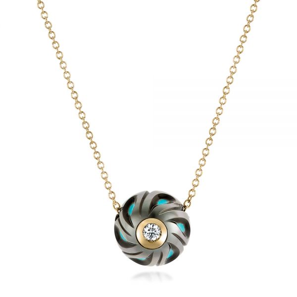 18k Yellow Gold 18k Yellow Gold Carved Turquoise Tahitian Pearl And Diamond Pendant - Three-Quarter View - 102573