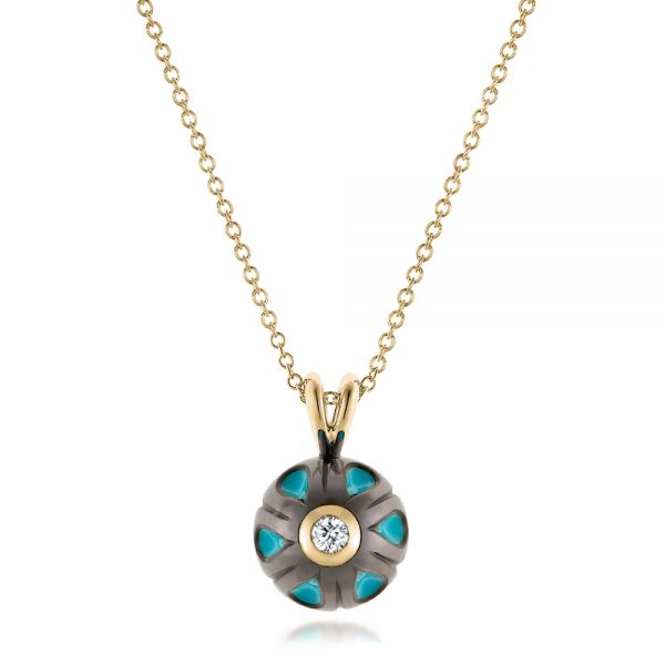 18k Yellow Gold 18k Yellow Gold Carved Turquoise Tahitian Pearl And Diamond Pendant - Three-Quarter View -  102574