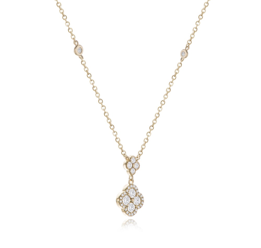 14k Rose Gold 14k Rose Gold Clover Diamond Drop Necklace - Flat View -  108493 - Thumbnail