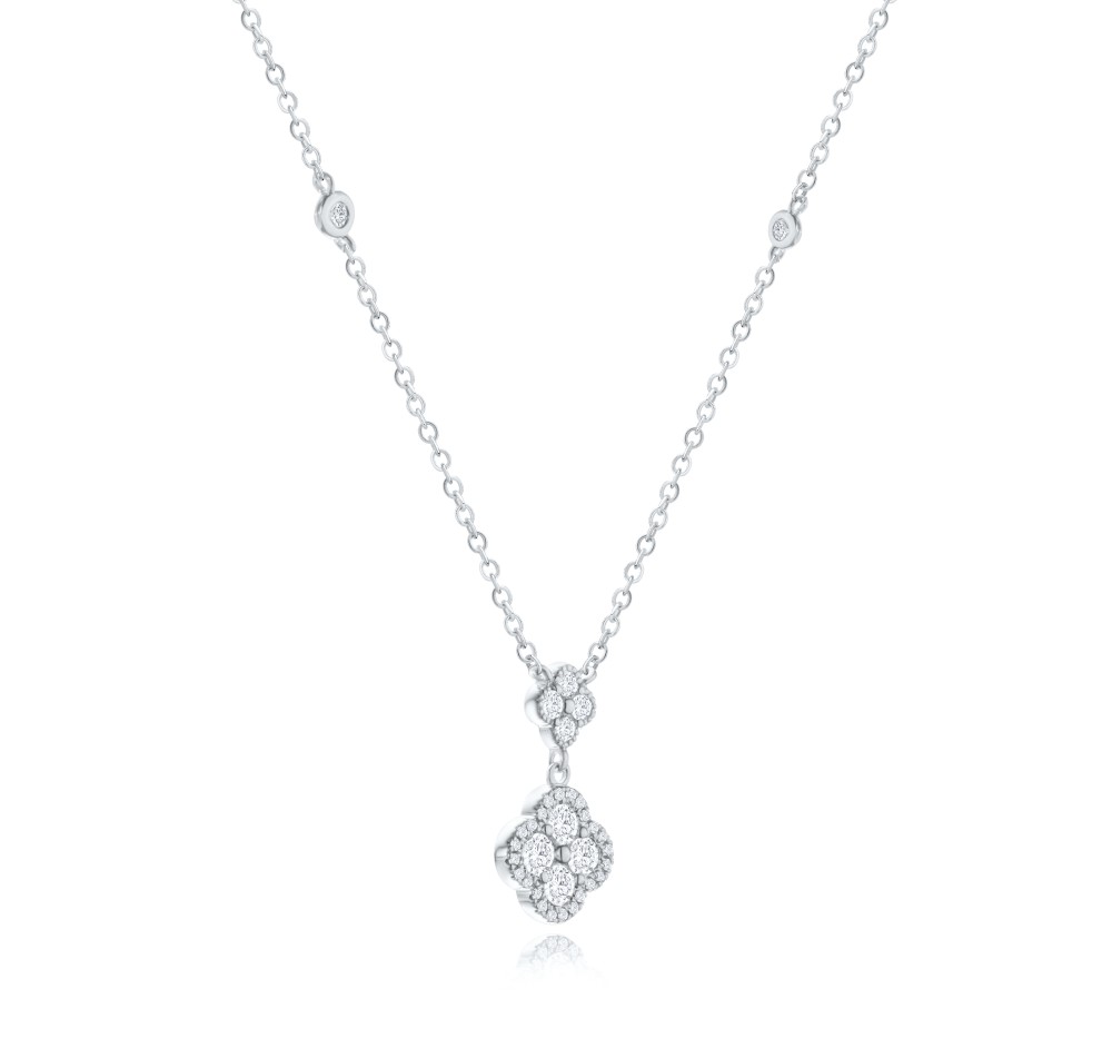 18k White Gold 18k White Gold Clover Diamond Drop Necklace - Flat View -  108493 - Thumbnail