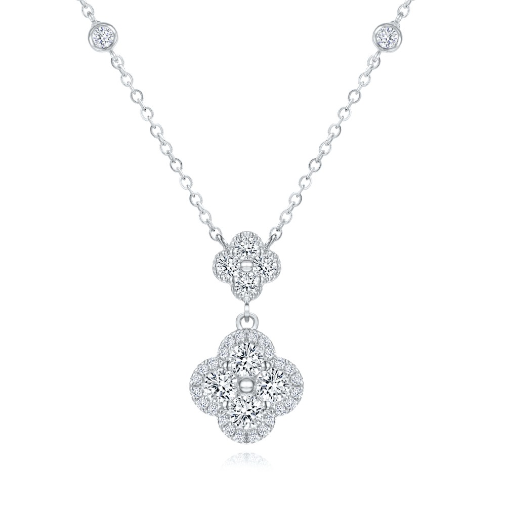 18k White Gold 18k White Gold Clover Diamond Drop Necklace - Three-Quarter View -  108493 - Thumbnail