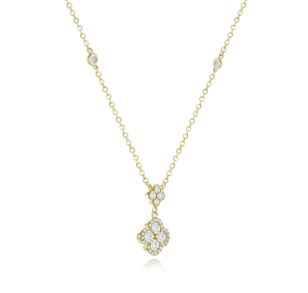 14k Yellow Gold Clover Diamond Drop Necklace - Flat View -  108493 - Thumbnail