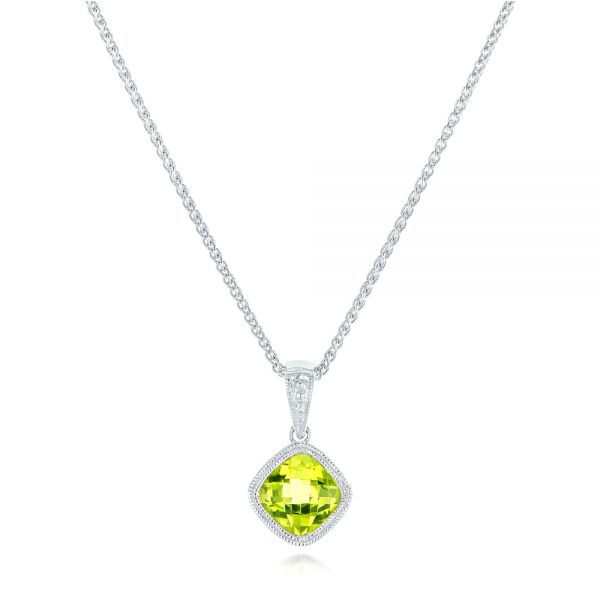 18k White Gold 18k White Gold Cushion Peridot Pendant - Three-Quarter View -  102638