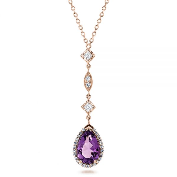 18k Rose Gold 18k Rose Gold Custom Amethyst And Diamond Halo Pendant - Three-Quarter View -  100701