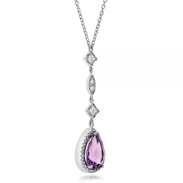 18k White Gold 18k White Gold Custom Amethyst And Diamond Halo Pendant - Flat View -  100701