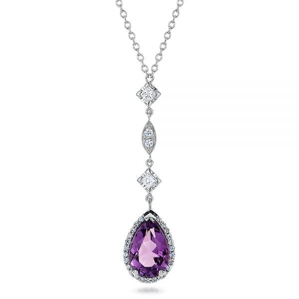 18k White Gold 18k White Gold Custom Amethyst And Diamond Halo Pendant - Three-Quarter View -  100701