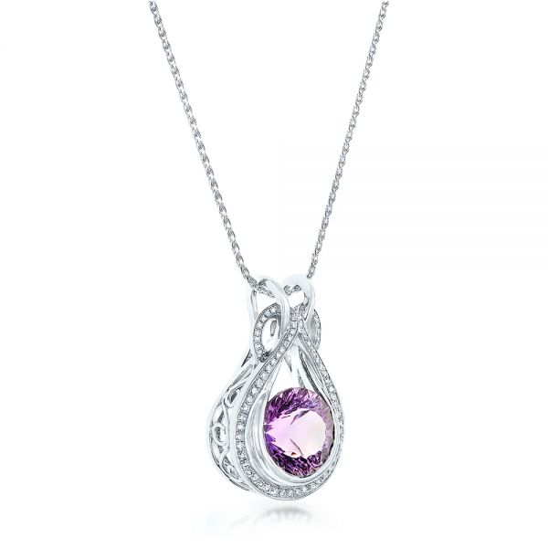 14k White Gold Custom Amethyst And Diamond Pendant - Flat View -  102526