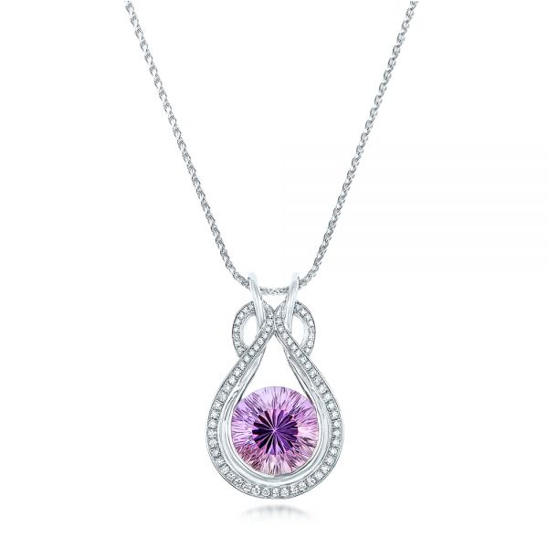 14k White Gold Custom Amethyst And Diamond Pendant - Three-Quarter View -  102526