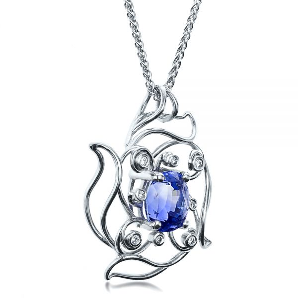 18k White Gold 18k White Gold Custom Blue Sapphire Pendant - Flat View -  1483