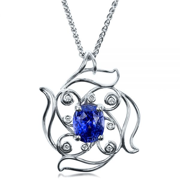 14k White Gold 14k White Gold Custom Blue Sapphire Pendant - Three-Quarter View -  1483