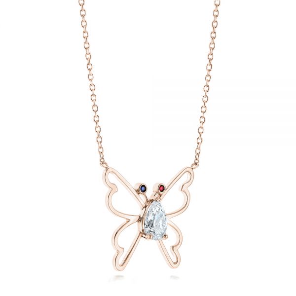 14k Rose Gold 14k Rose Gold Custom Blue Sapphire Ruby And Diamond Butterfly Pendant - Flat View -  102802 - Thumbnail
