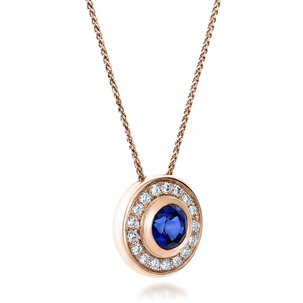 18k Rose Gold 18k Rose Gold Custom Blue Sapphire And Diamond Halo Pendant - Flat View - 100624