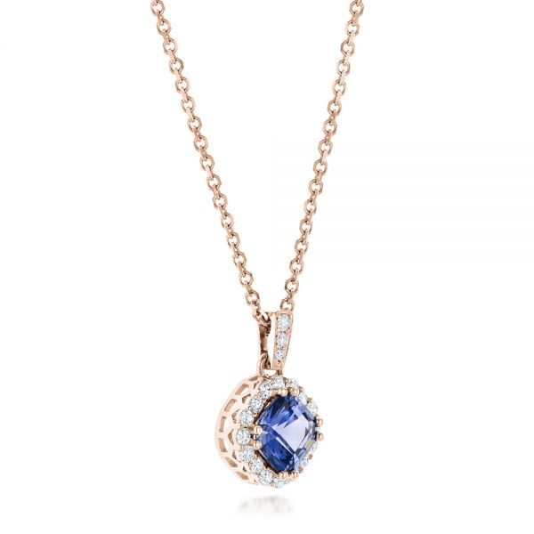 14k Rose Gold 14k Rose Gold Custom Blue Sapphire And Diamond Halo Pendant - Flat View -  102740
