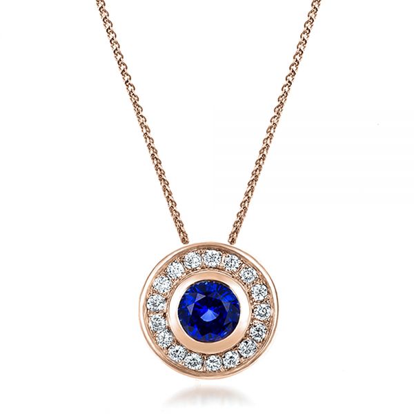 18k Rose Gold 18k Rose Gold Custom Blue Sapphire And Diamond Halo Pendant - Three-Quarter View - 100624