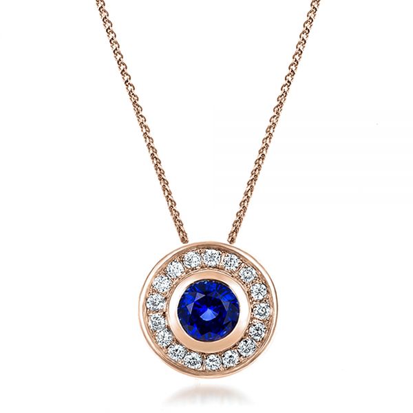 14k Rose Gold 14k Rose Gold Custom Blue Sapphire And Diamond Halo Pendant - Three-Quarter View -  100624