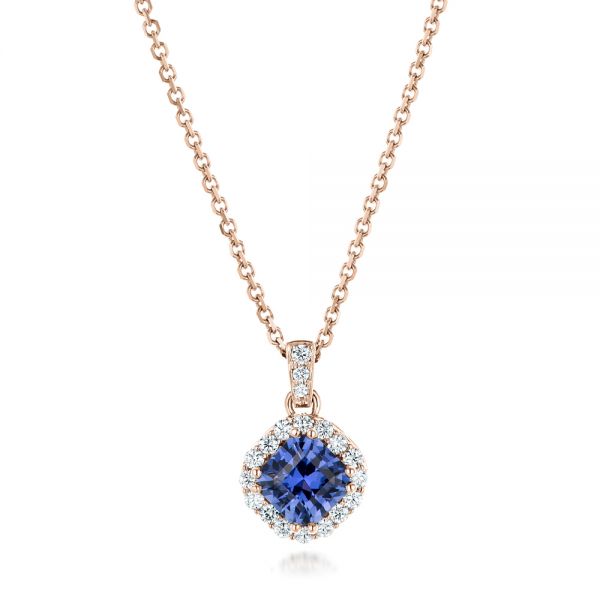 18k Rose Gold 18k Rose Gold Custom Blue Sapphire And Diamond Halo Pendant - Three-Quarter View -  102740