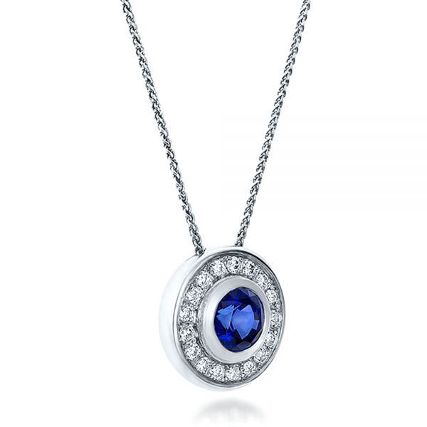 18k White Gold 18k White Gold Custom Blue Sapphire And Diamond Halo Pendant - Flat View -  100624