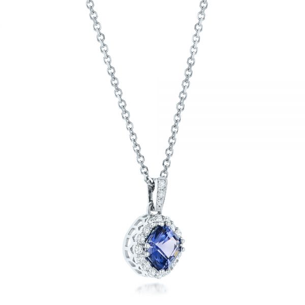  Platinum Platinum Custom Blue Sapphire And Diamond Halo Pendant - Flat View -  102740