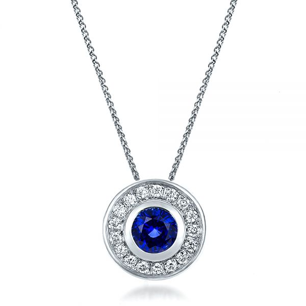 Custom Blue Sapphire and Diamond Halo Pendant - Image