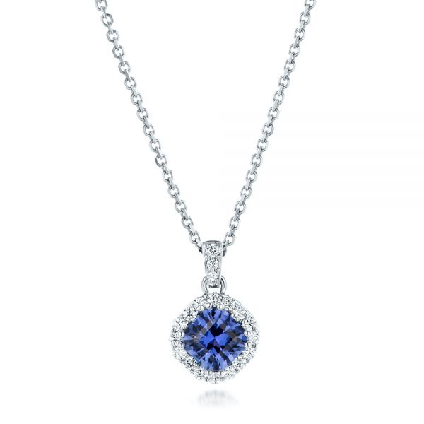 18k White Gold 18k White Gold Custom Blue Sapphire And Diamond Halo Pendant - Three-Quarter View -  102740