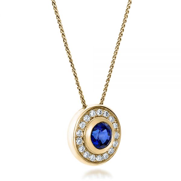 14k Yellow Gold 14k Yellow Gold Custom Blue Sapphire And Diamond Halo Pendant - Flat View -  100624