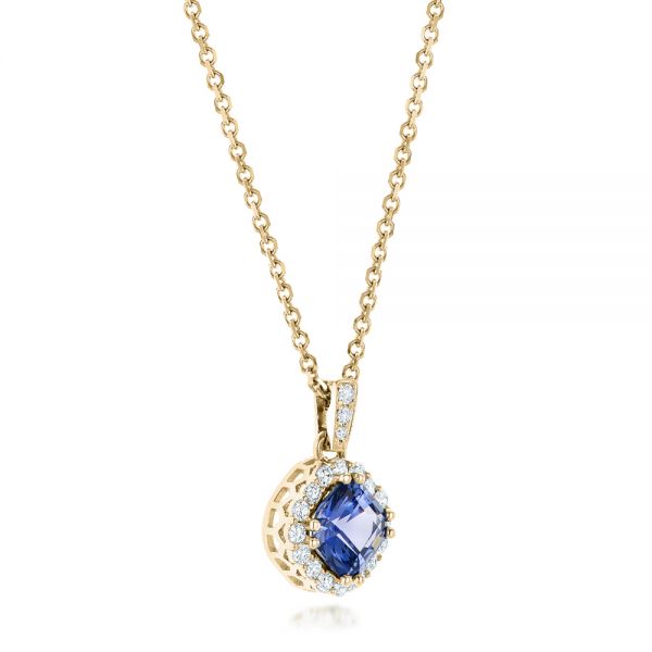 14k Yellow Gold 14k Yellow Gold Custom Blue Sapphire And Diamond Halo Pendant - Flat View - 102740