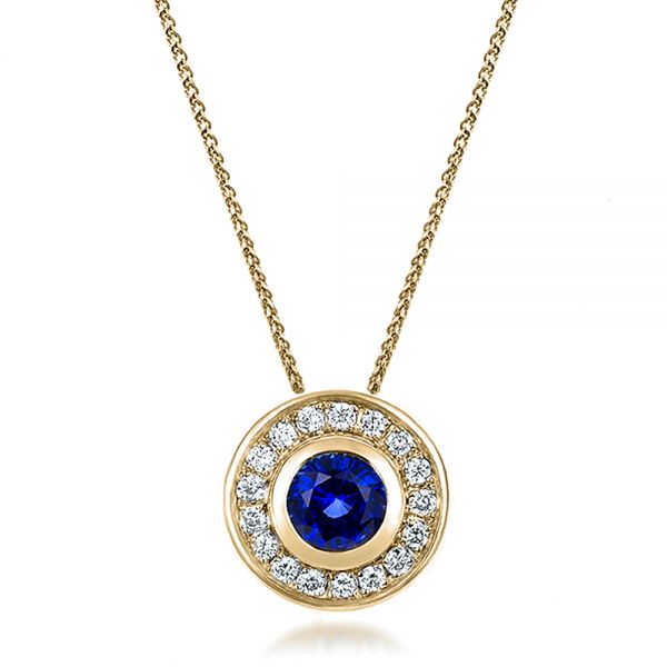 18k Yellow Gold 18k Yellow Gold Custom Blue Sapphire And Diamond Halo Pendant - Three-Quarter View - 100624