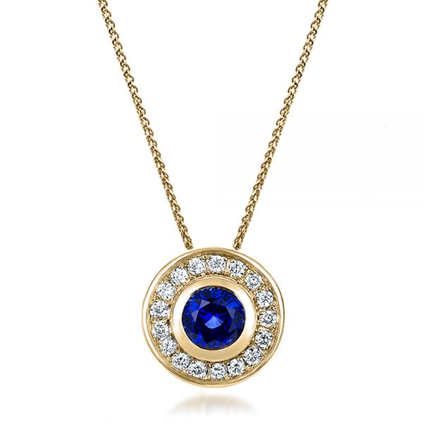 14k Yellow Gold 14k Yellow Gold Custom Blue Sapphire And Diamond Halo Pendant - Three-Quarter View -  100624