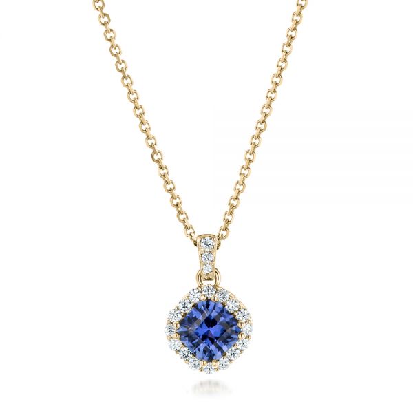 18k Yellow Gold 18k Yellow Gold Custom Blue Sapphire And Diamond Halo Pendant - Three-Quarter View -  102740