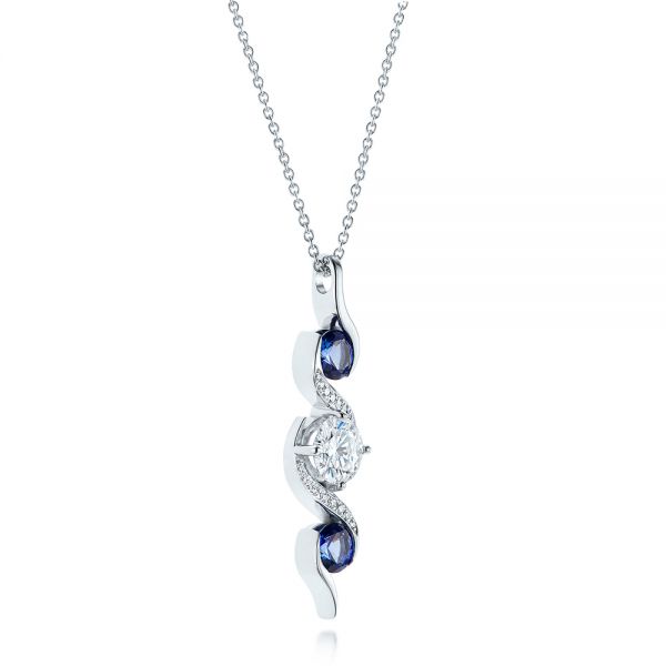 14k White Gold Custom Blue Sapphire And Diamond Pendant - Flat View -  103599