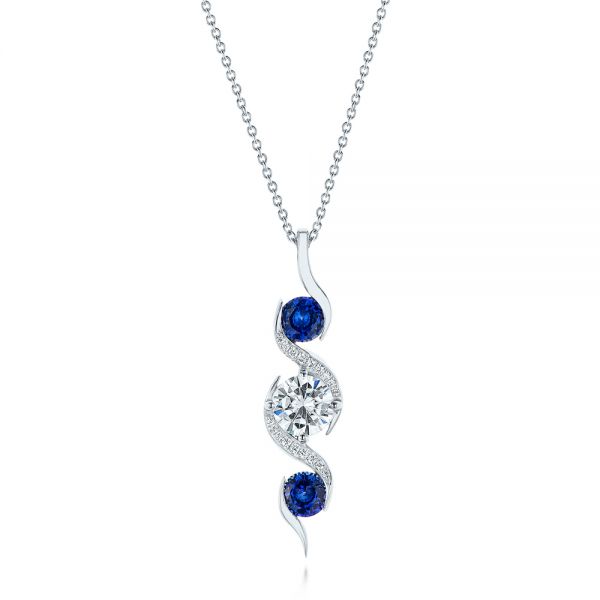 14k White Gold Custom Blue Sapphire And Diamond Pendant - Three-Quarter View -  103599