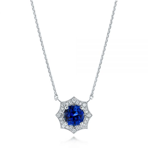  Platinum Platinum Custom Blue Sapphire And Diamond Pendant - Three-Quarter View -  103607