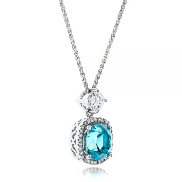 18k White Gold Custom Blue Zircon And Diamond Pendant - Flat View - 101181