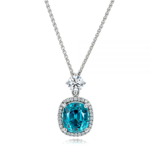 14k White Gold 14k White Gold Custom Blue Zircon And Diamond Pendant - Three-Quarter View -  101181