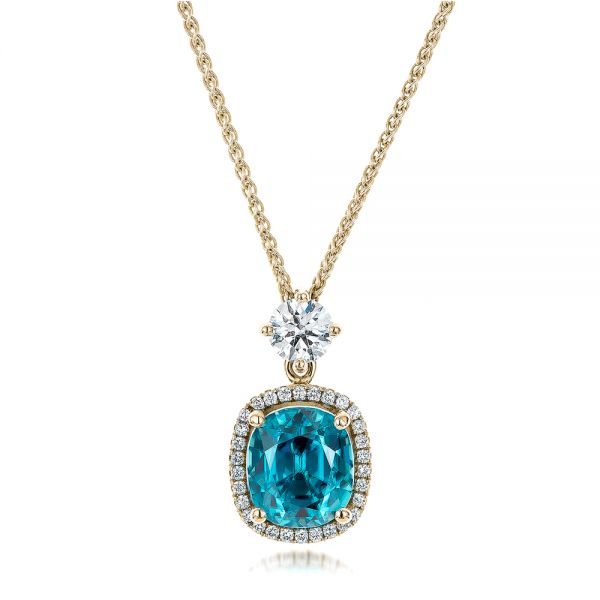 14k Yellow Gold 14k Yellow Gold Custom Blue Zircon And Diamond Pendant - Three-Quarter View -  101181