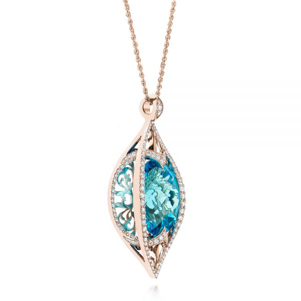 14k Rose Gold 14k Rose Gold Custom Cut Blue Topaz And Diamond Pendant - Flat View - 103622