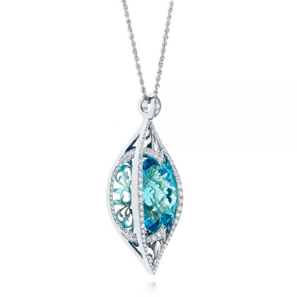 14k White Gold Custom Cut Blue Topaz And Diamond Pendant - Flat View -  103622