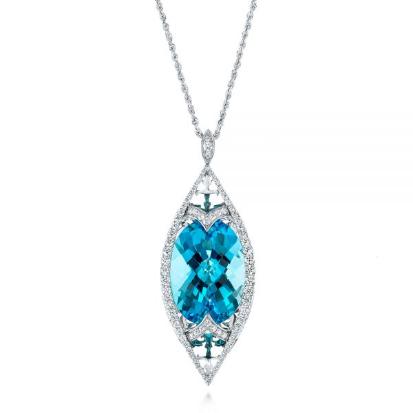  Platinum Platinum Custom Cut Blue Topaz And Diamond Pendant - Three-Quarter View -  103622