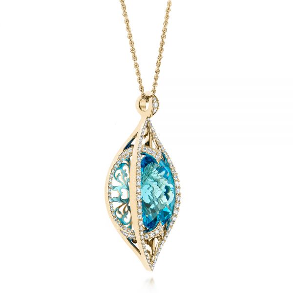 18k Yellow Gold 18k Yellow Gold Custom Cut Blue Topaz And Diamond Pendant - Flat View -  103622