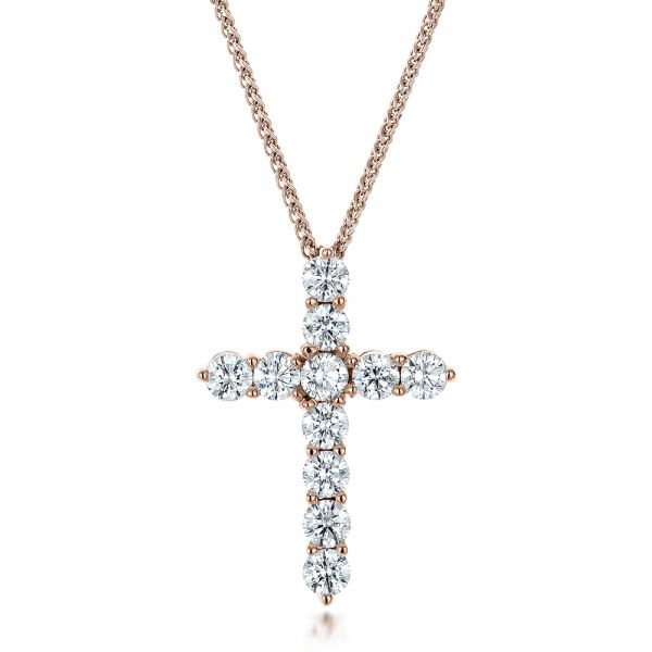 14k Rose Gold 14k Rose Gold Custom Diamond Cross Pendant - Three-Quarter View -  100868