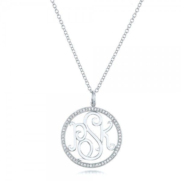 14k White Gold Custom Diamond Halo Monogram Pendant - Three-Quarter View -  102410