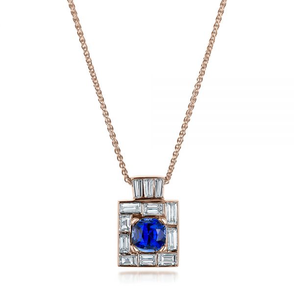 18k Rose Gold 18k Rose Gold Custom Diamond And Blue Sapphire Pendant - Three-Quarter View -  102228