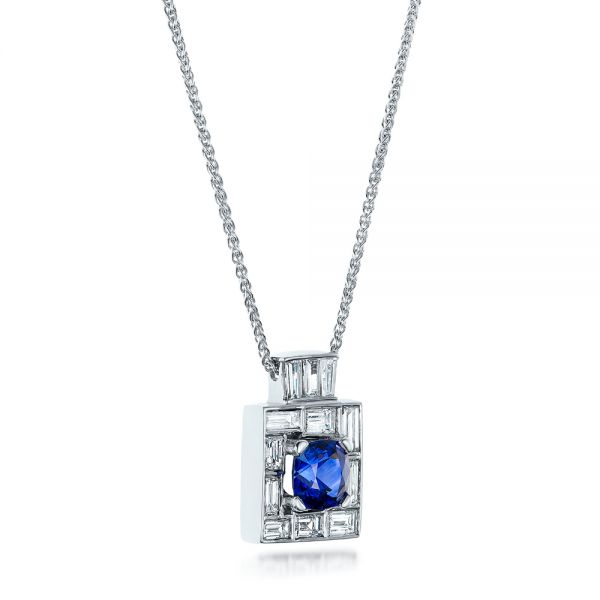 14k White Gold Custom Diamond And Blue Sapphire Pendant - Flat View -  102228