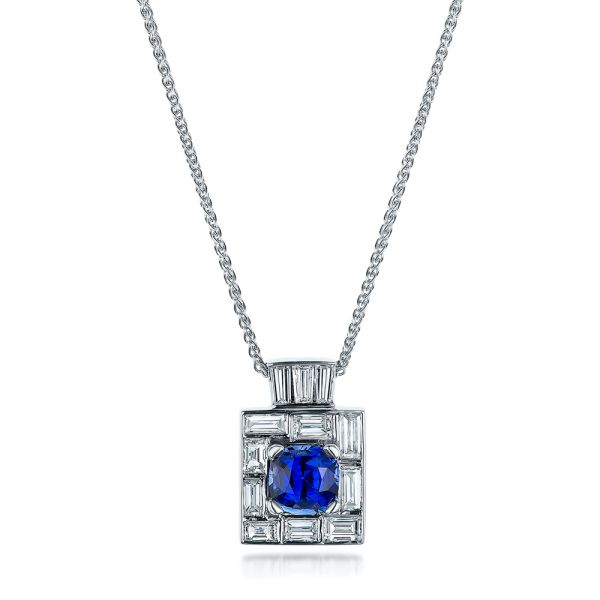 14k White Gold Custom Diamond And Blue Sapphire Pendant - Three-Quarter View -  102228