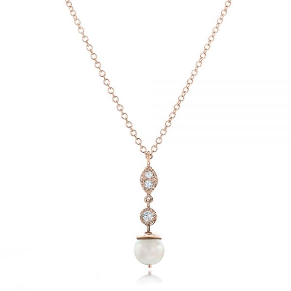 18k Rose Gold 18k Rose Gold Custom Diamond And Pearl Necklace - Three-Quarter View -  102033